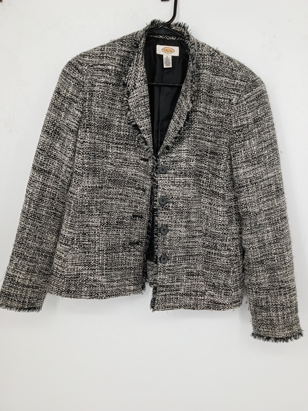 Talbots Black & White Tweed Wool Blend Frayed-Trim Blazer Minimalist Small Sz 6
